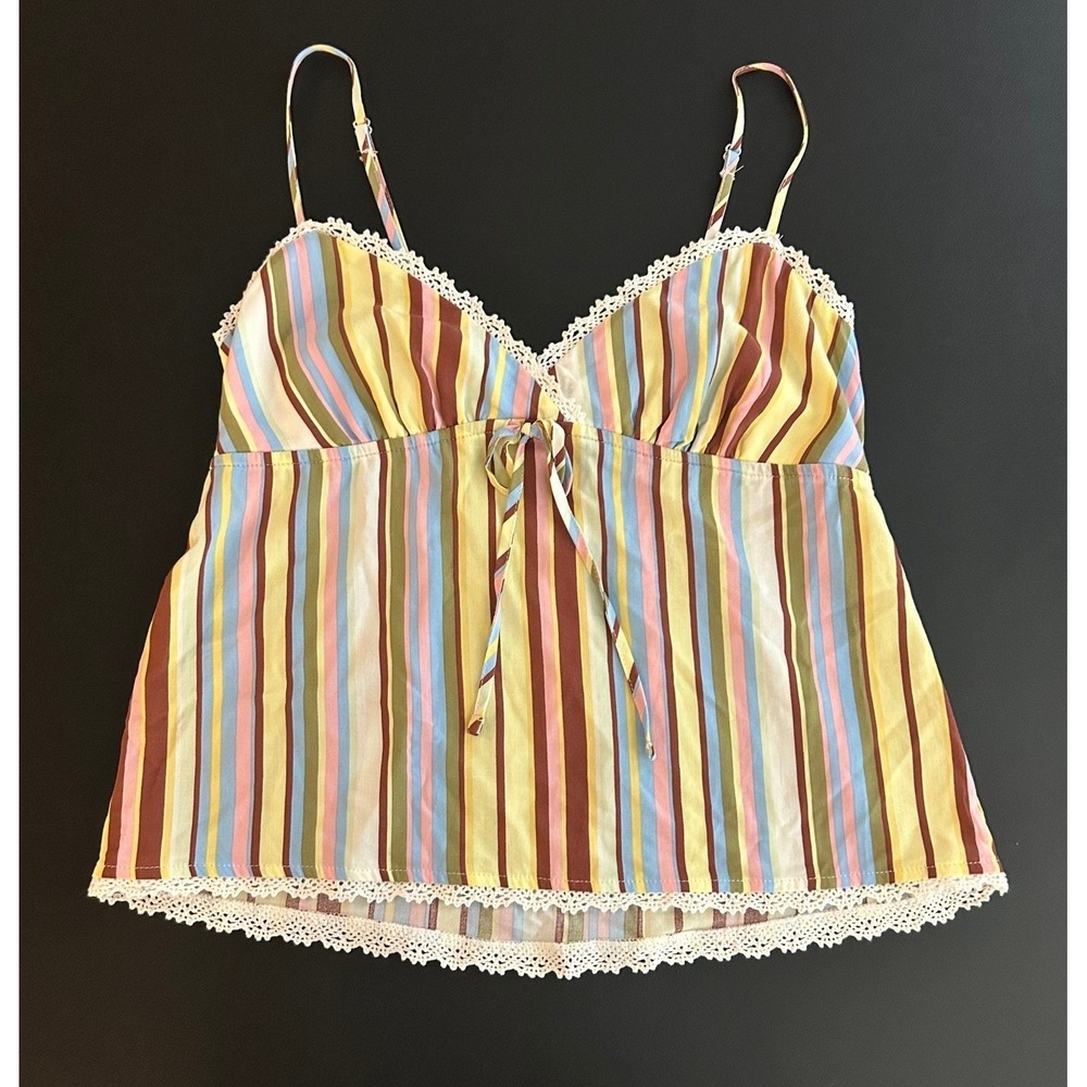 No Boundaries Striped Babydoll Camisole Top Crochet Lace Trim XS 0-2 1558